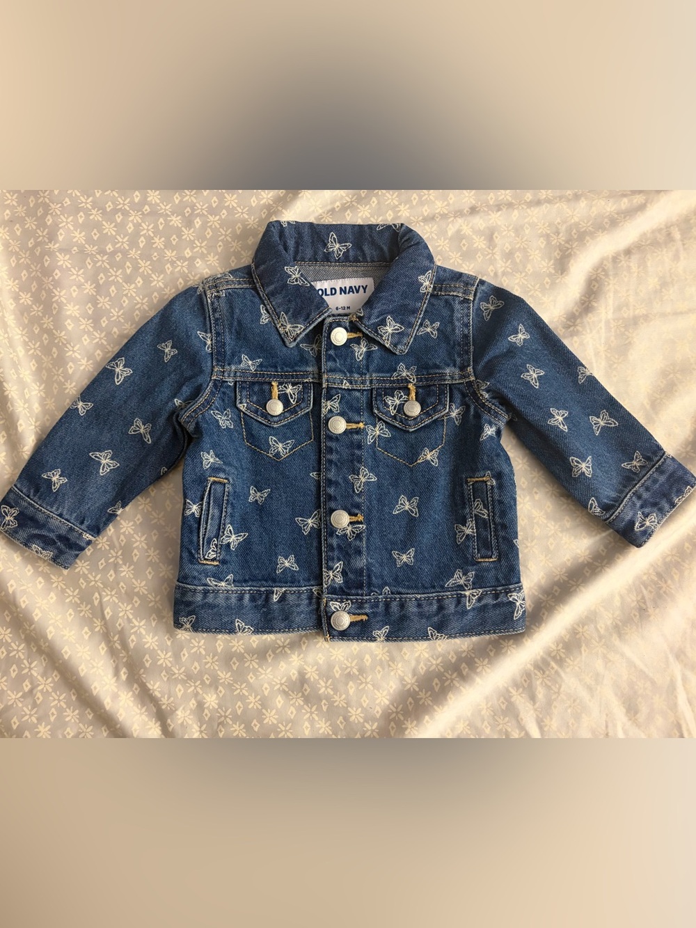 Old Navy Blue Denim Jacket with White Butterfly Embroidery